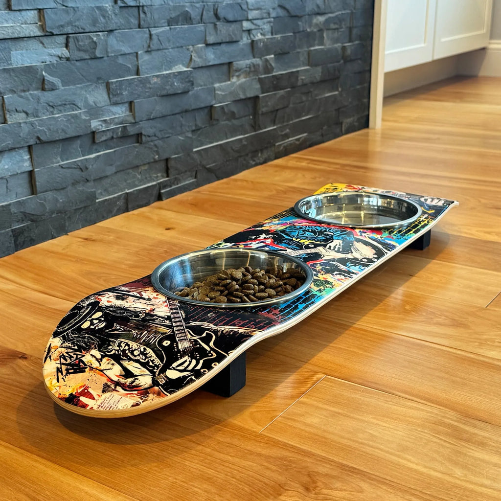 ROCK LEGENDS ELEVATED SKATEBOARD CAT FEEDER WITH BOWLS