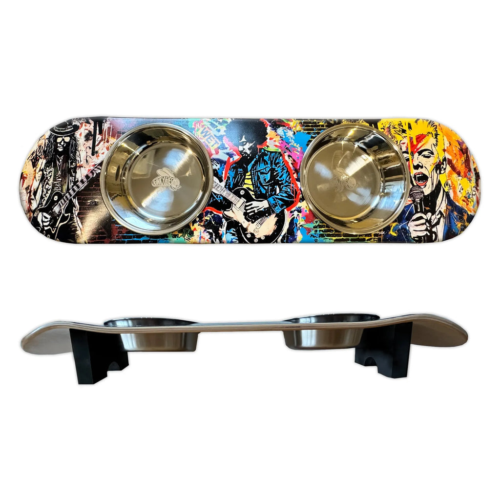 ROCK LEGENDS ELEVATED SKATEBOARD CAT FEEDER WITH BOWLS
