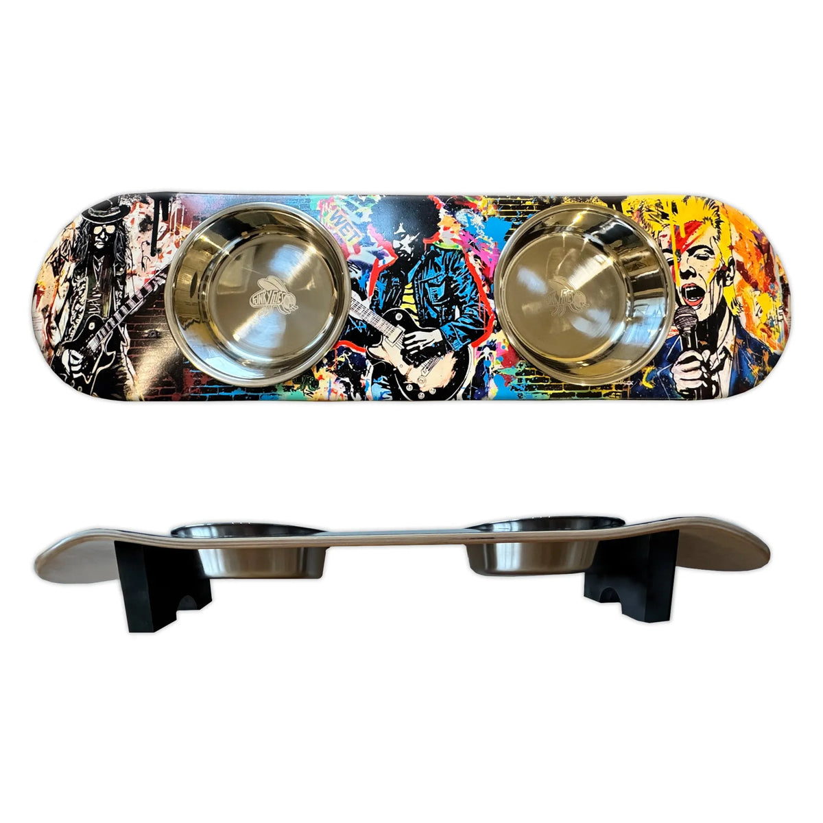 ROCK LEGENDS ELEVATED SKATEBOARD CAT FEEDER WITH BOWLS